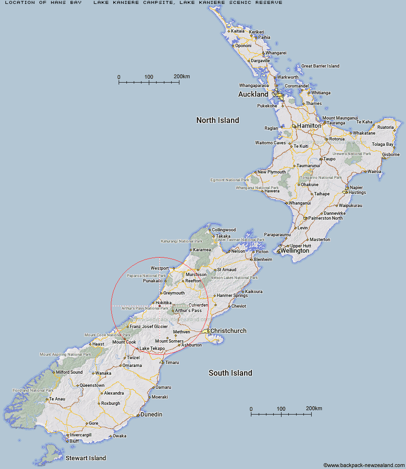 Hans Bay - Lake Kaniere Campsite Map New Zealand