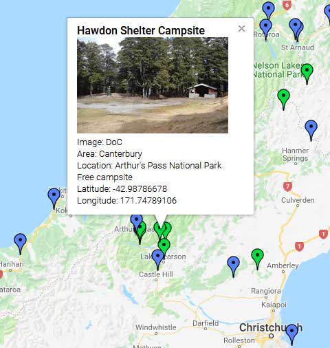 Map of Campsites in New Zealand