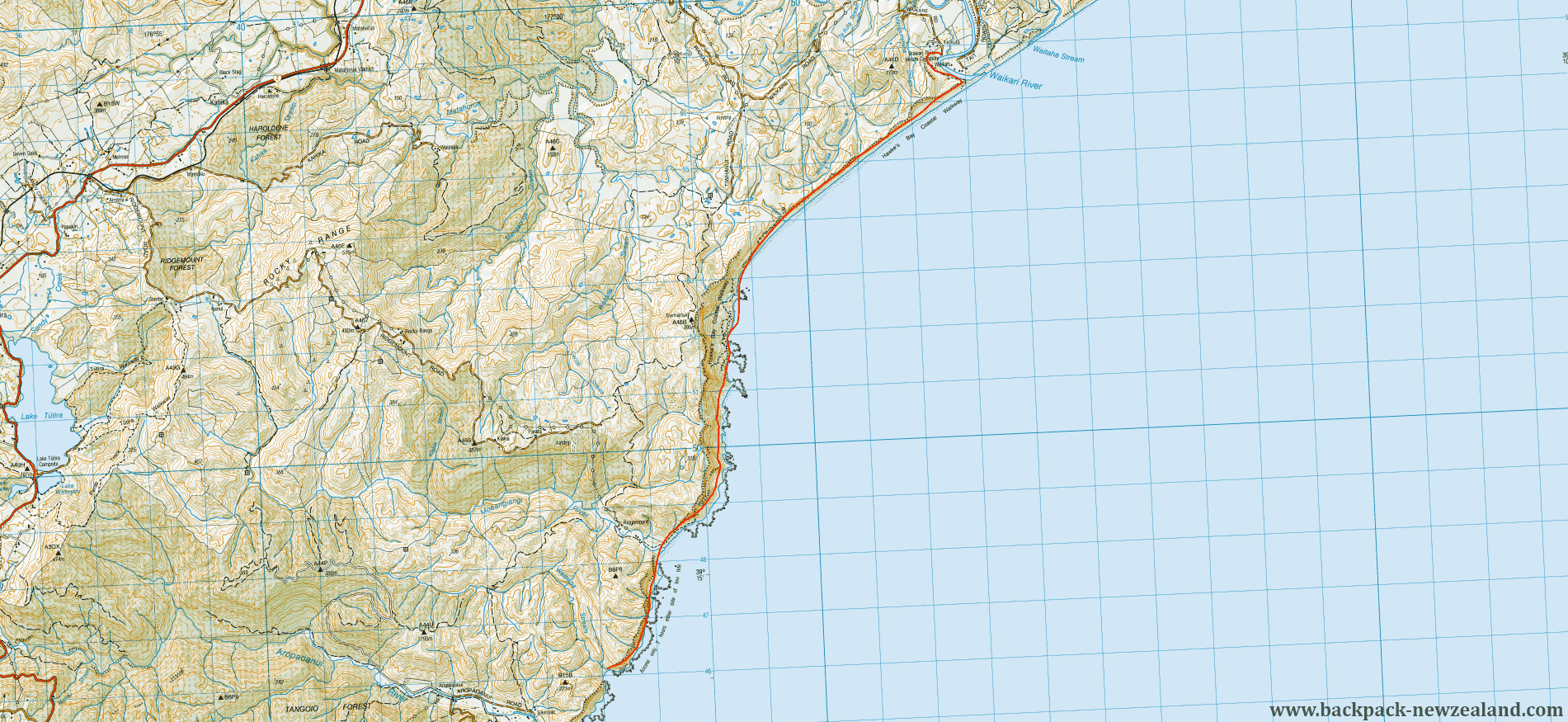 Hawkes Bay Coastal W/Way - Waikari Roade Map - New Zealand Tracks